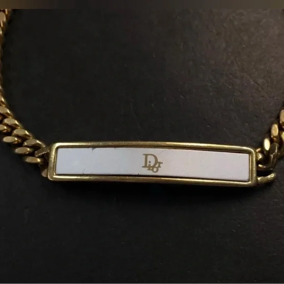 Dior Gold Curb Chain Bracelet W Logo Plaque White Accent - Picture 7 of 15
